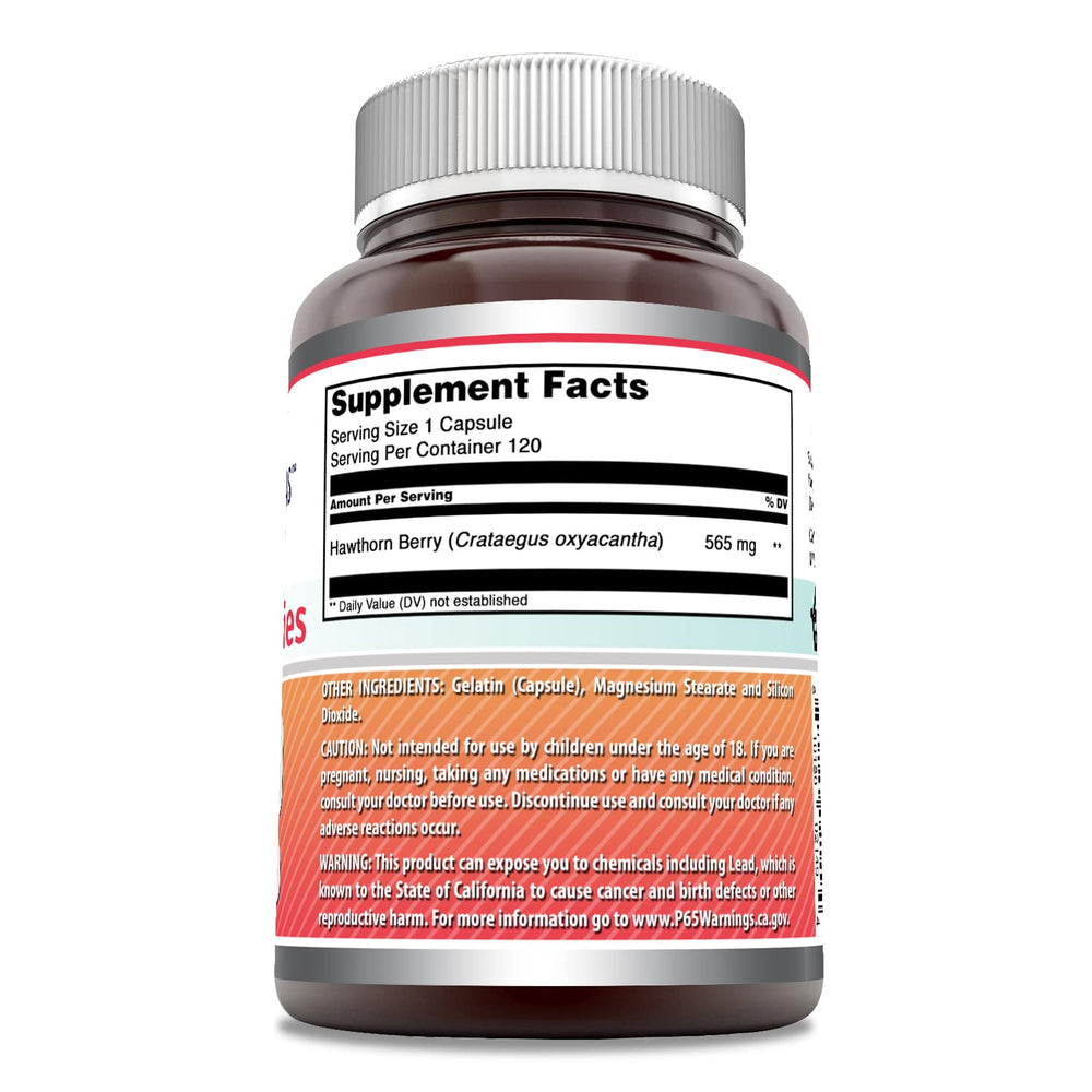 Amazing Nutrition Amazing Formulas Hawthorn Berries capsules close-up highlights 565 mg per serving.