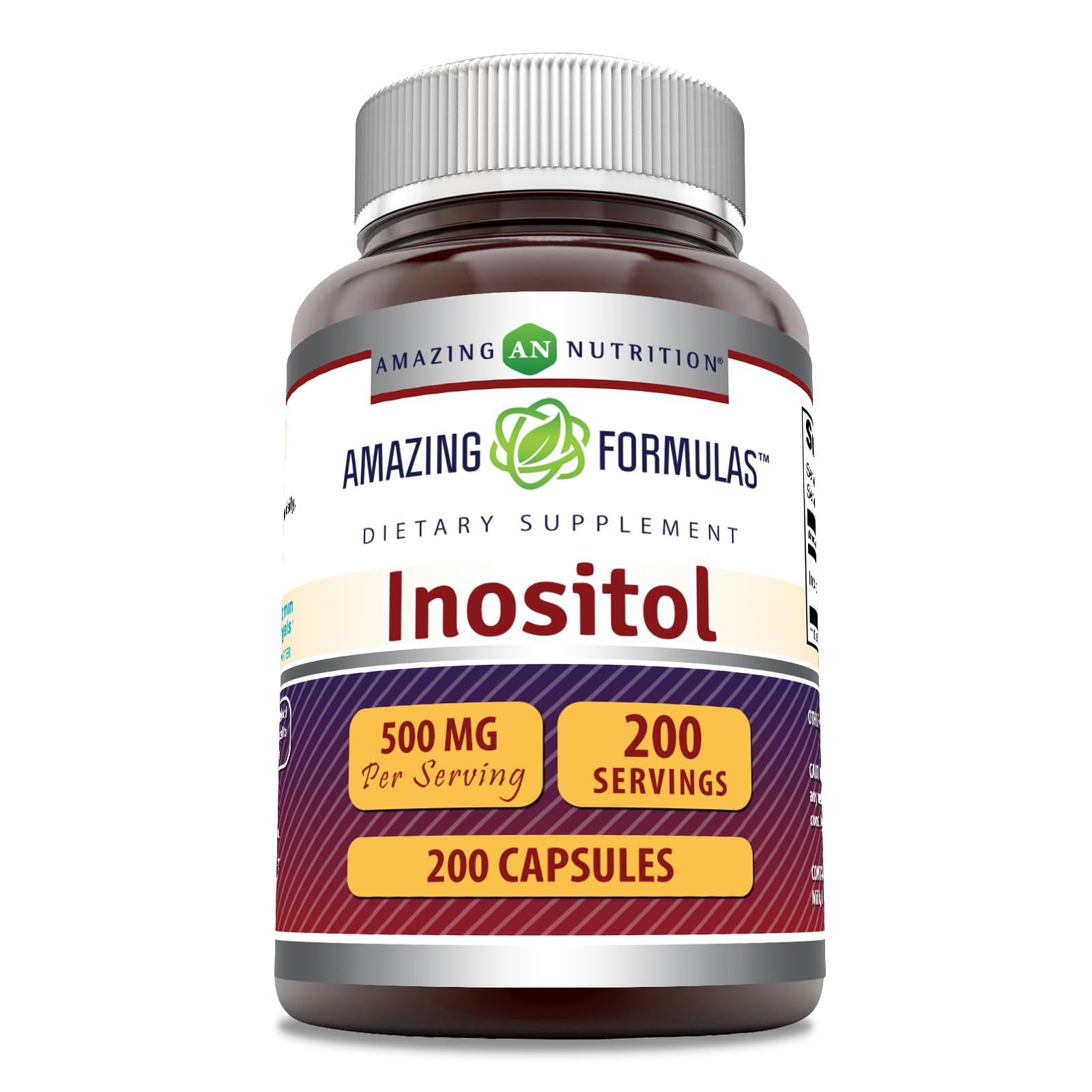 Amazing Nutrition Amazing Formulas Inositol 500 mg bottle front, emphasizing purity and US-made quality.