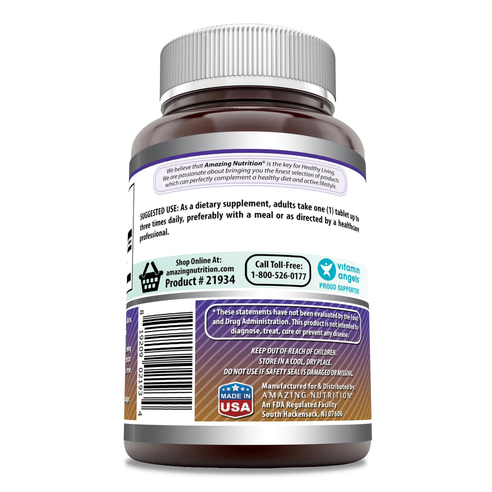 Amazing Nutrition L-Arginine 1000mg tablets closeup shows easy-to-swallow design and non-GMO ingredients.