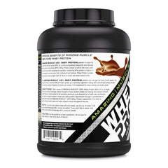 Amazing Nutrition Amazing Muscle Whey label highlights non-GMO and gluten-free ingredients.