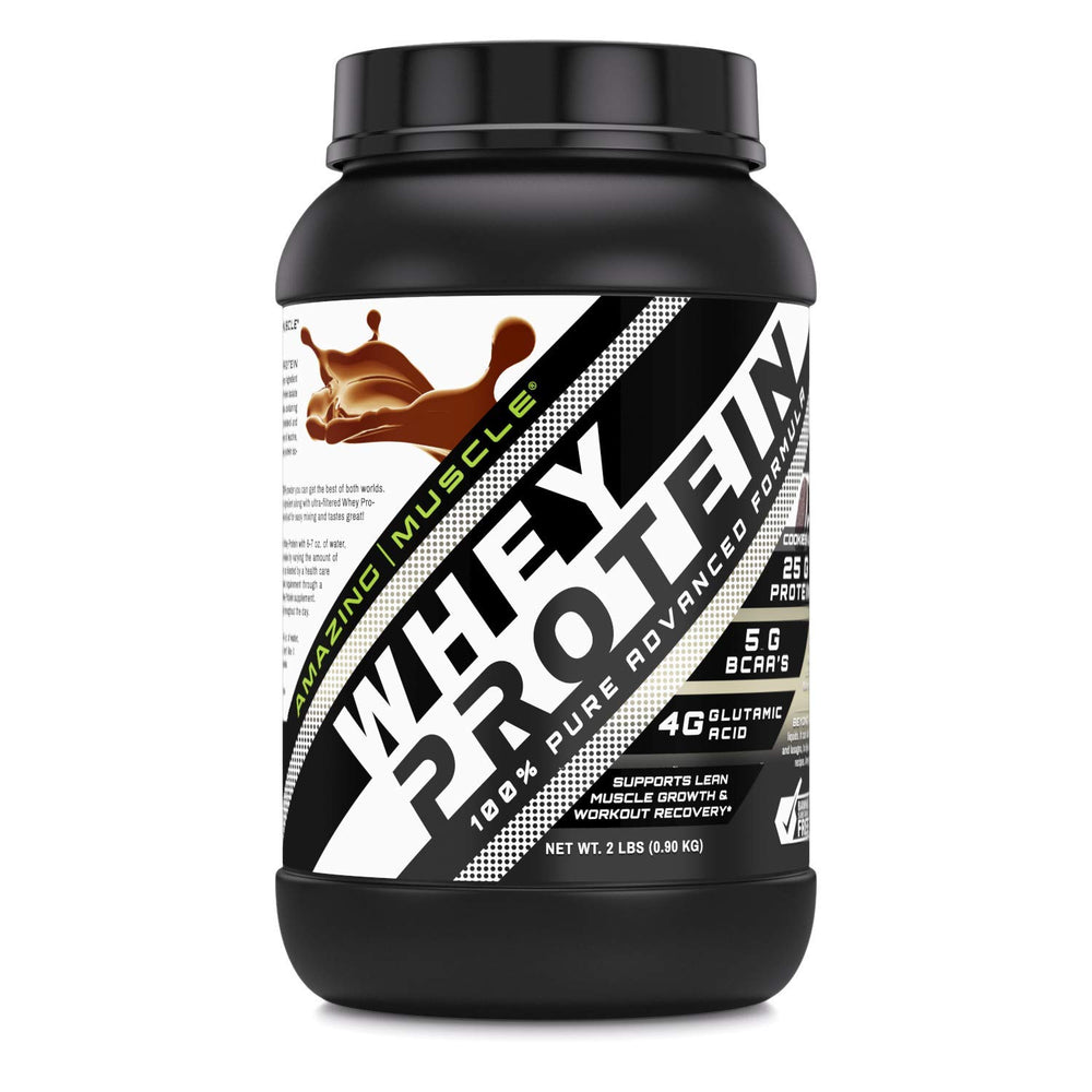 Amazing Nutrition Amazing Muscle whey protein tub shows 25g protein per serving for post workout fueling