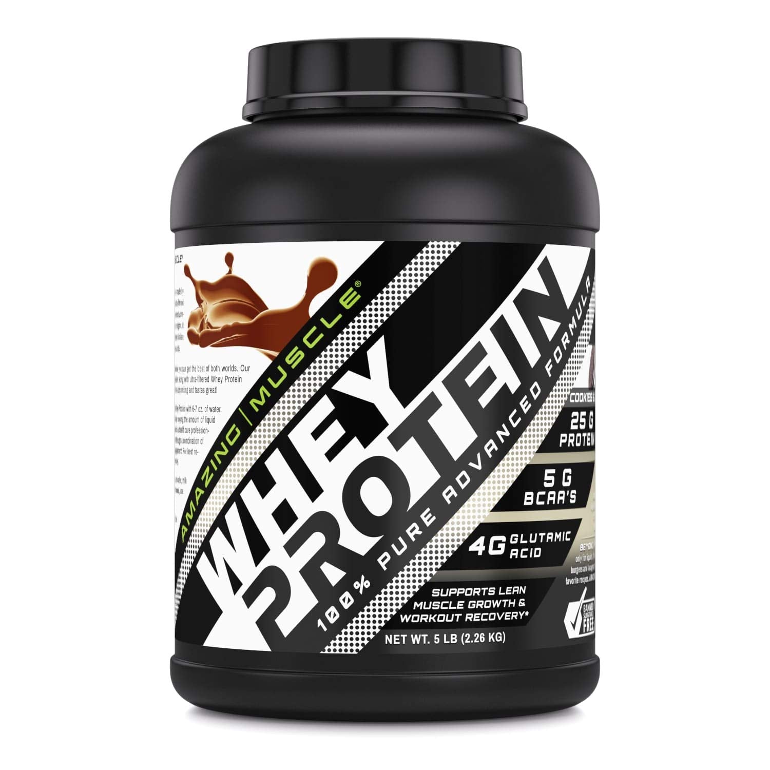 Amazing Nutrition Amazing Muscle Whey protein tub cookies-cream for convenient daily fueling.
