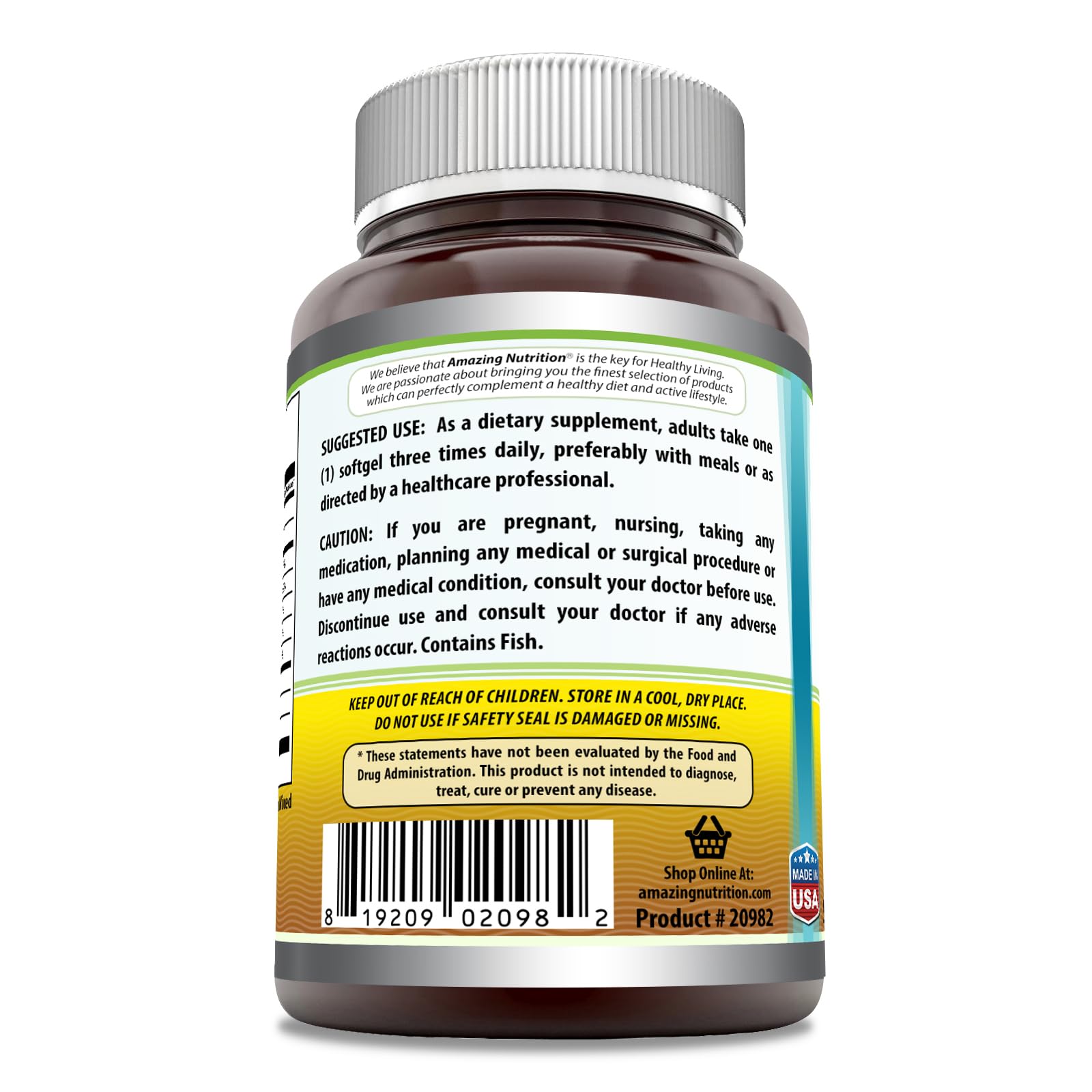 Amazing Nutrition Amazing Omega 1000mg softgel bottle label close-up shows EPA and DHA content.