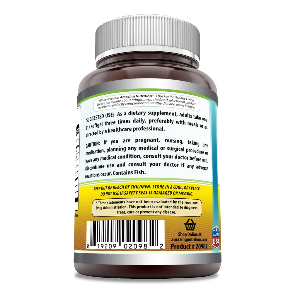 Amazing Nutrition Amazing Omega 1000mg softgel bottle label close-up shows EPA and DHA content.