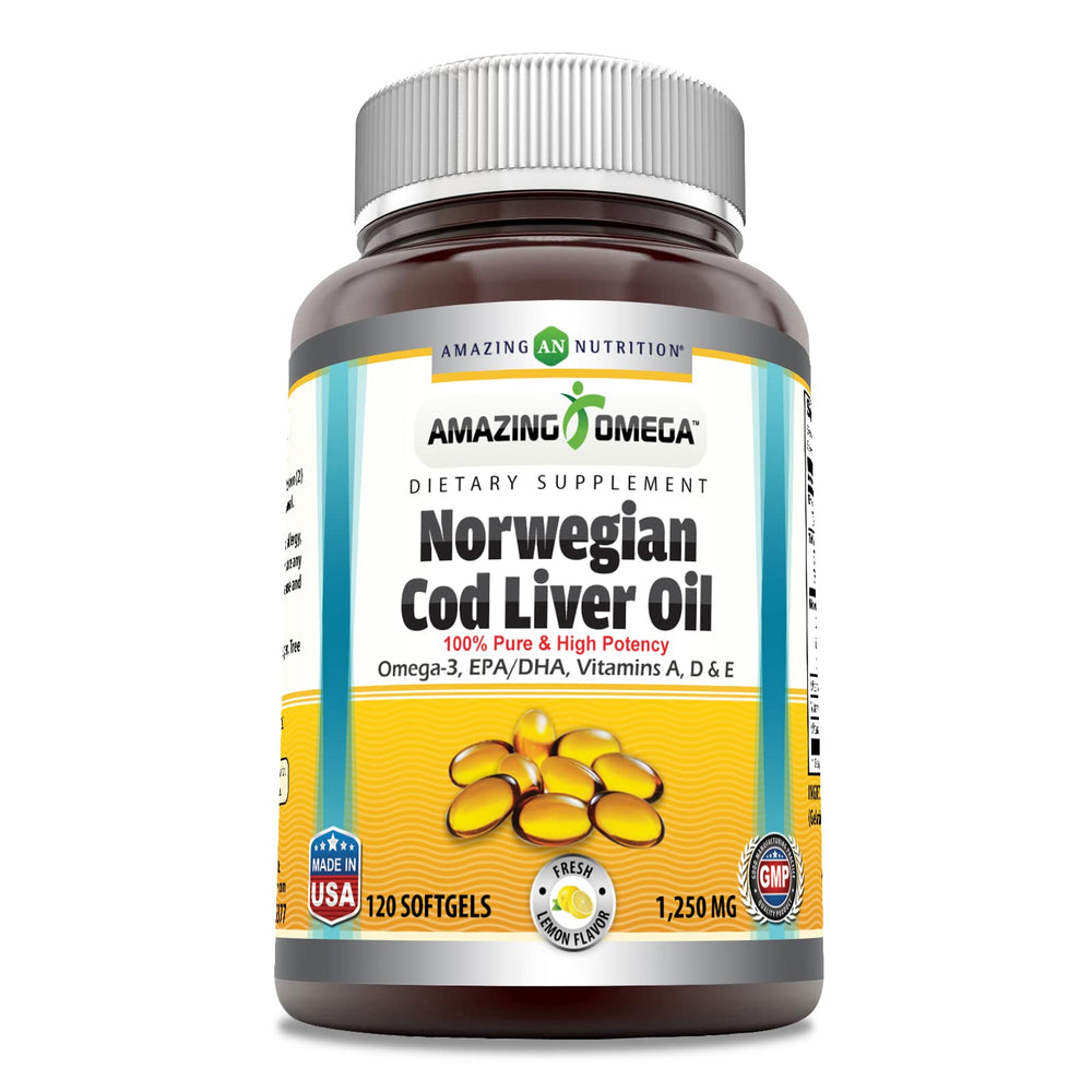 Amazing Nutrition Amazing Omega cod liver oil bottle showing 1250 mg per serving for daily omega-3.