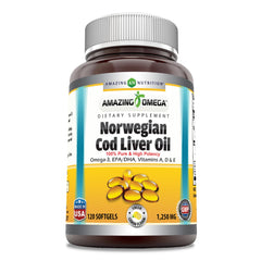 Amazing Nutrition Amazing Omega cod liver oil bottle showing 1250 mg per serving for daily omega-3.