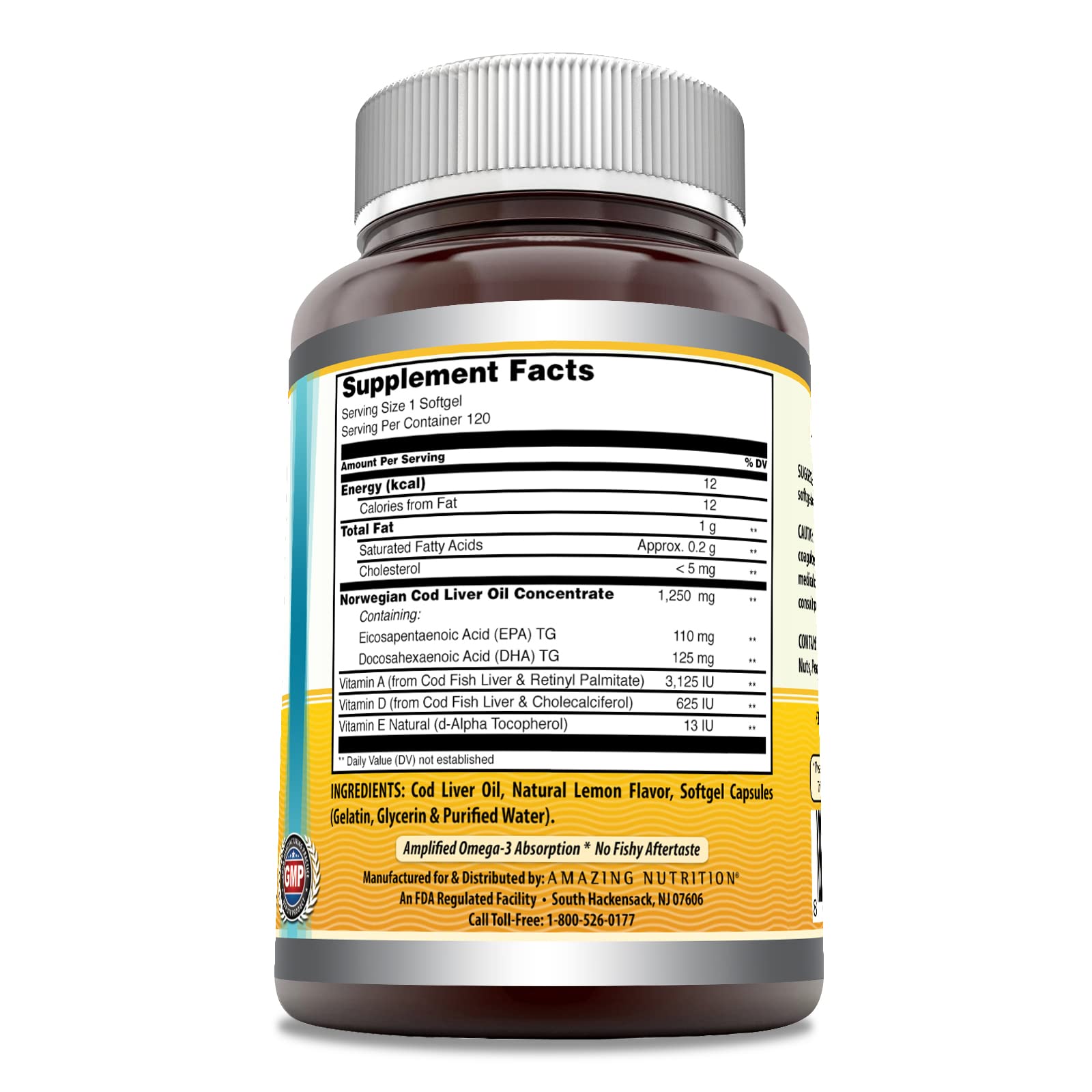 Closeup of Amazing Omega cod liver oil softgels for easy daily use.