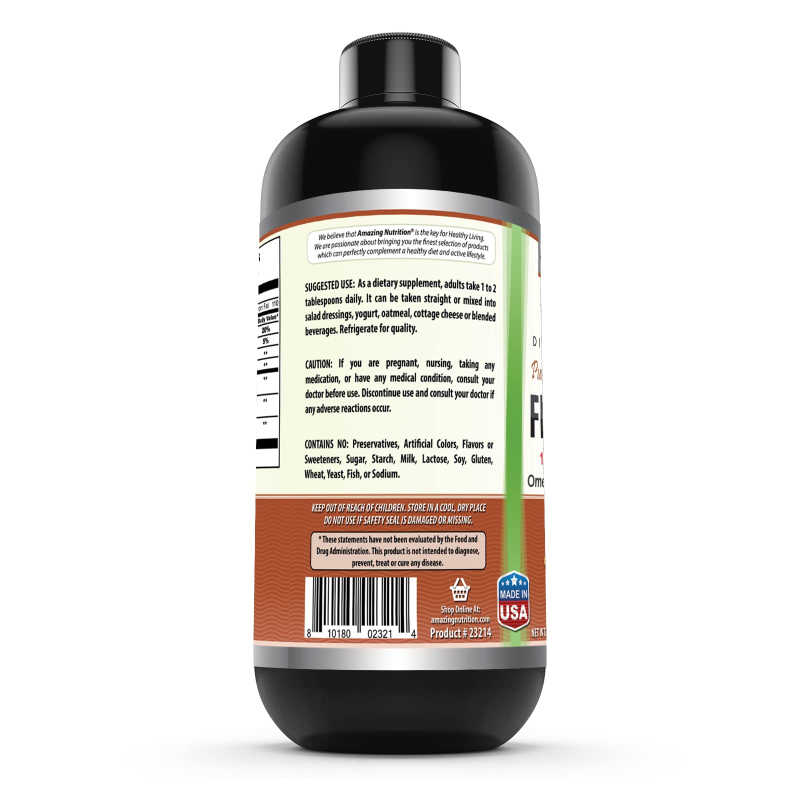 Amazing Nutrition Amazing Omega flaxseed oil label highlights ingredients and quality