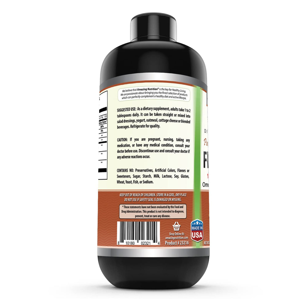 Amazing Nutrition Amazing Omega flaxseed oil label highlights ingredients and quality