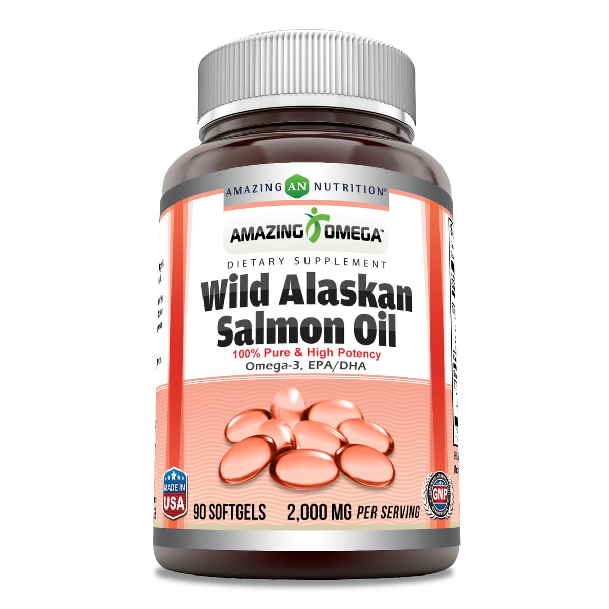 Amazing Nutrition Amazing Omega Wild Alaskan Salmon Oil softgels bottle, convenient daily omega-3 source.