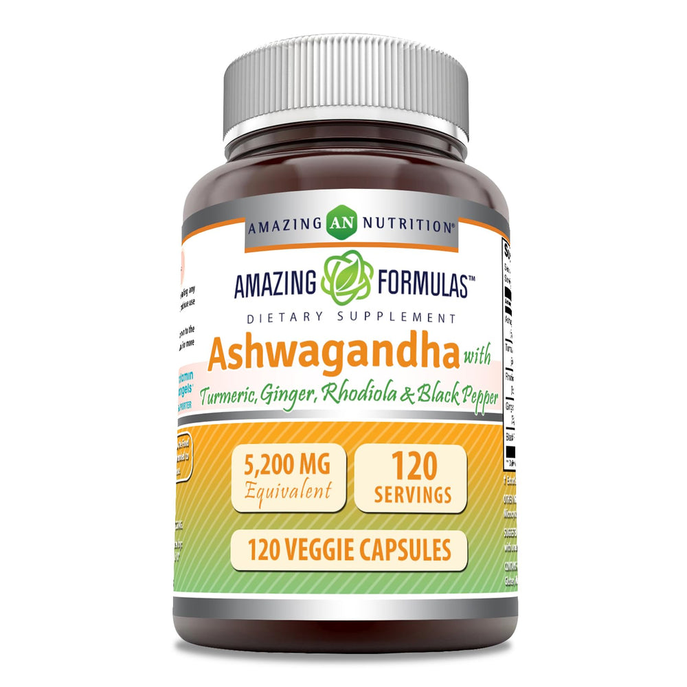 Amazing Nutrition Ashwagandha bottle front with high potency capsules for daily use