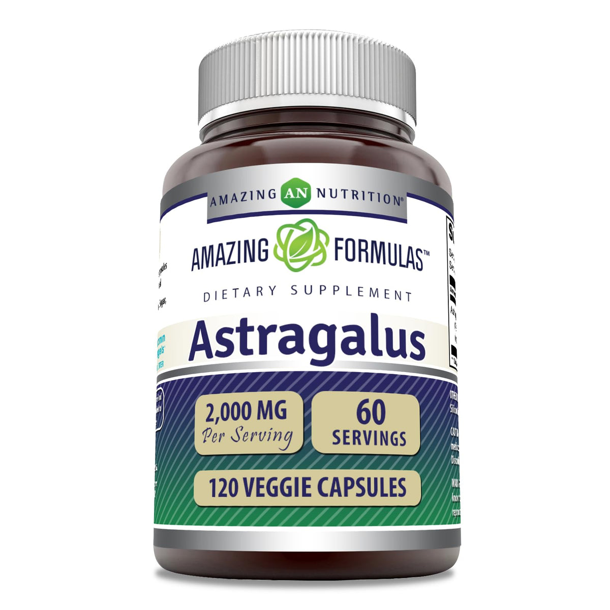 Amazing Nutrition Astragalus bottle front with 120 capsules for daily wellness.