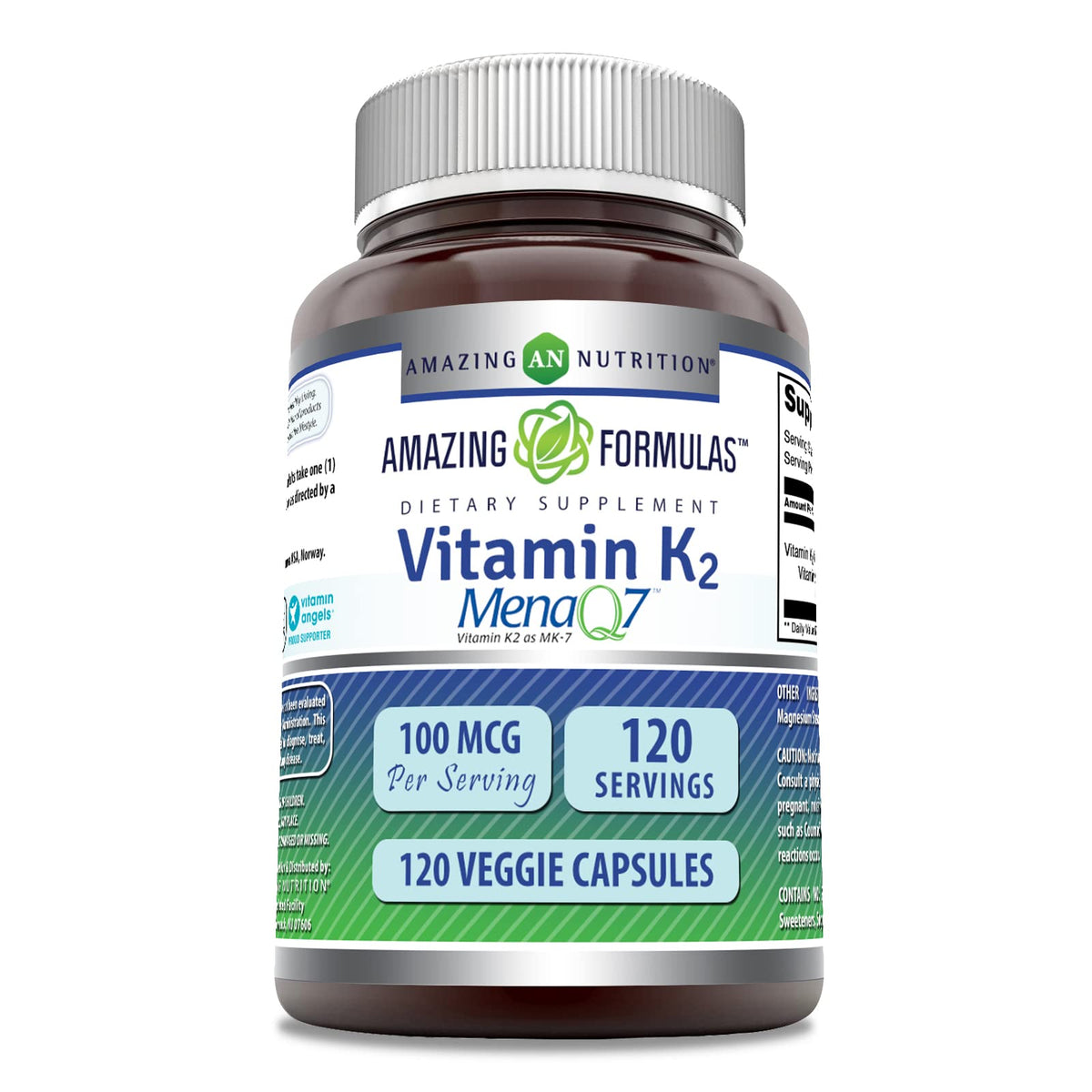 Amazing Nutrition Vitamin K2 MK7 bottle with 120 veggie capsules for daily support