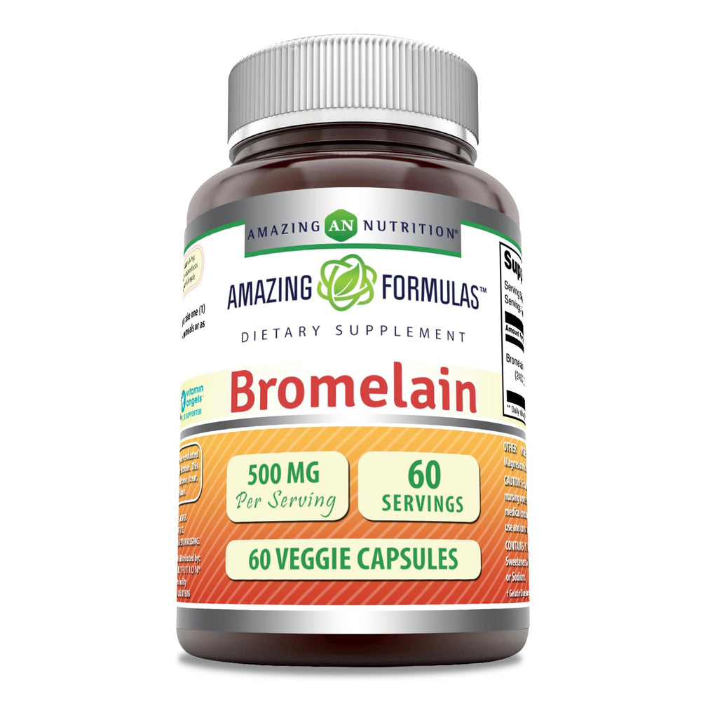 Amazing Nutrition Bromelain 500mg bottle close-up, showcasing premium quality and potency.