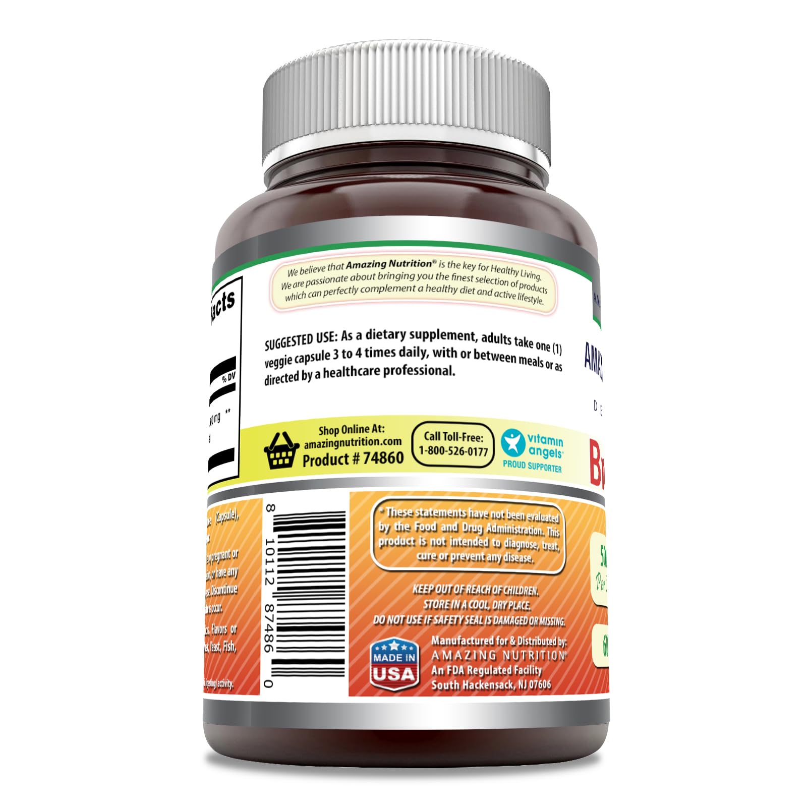 Amazing Nutrition Bromelain ingredients label, GMP-made in USA for purity.