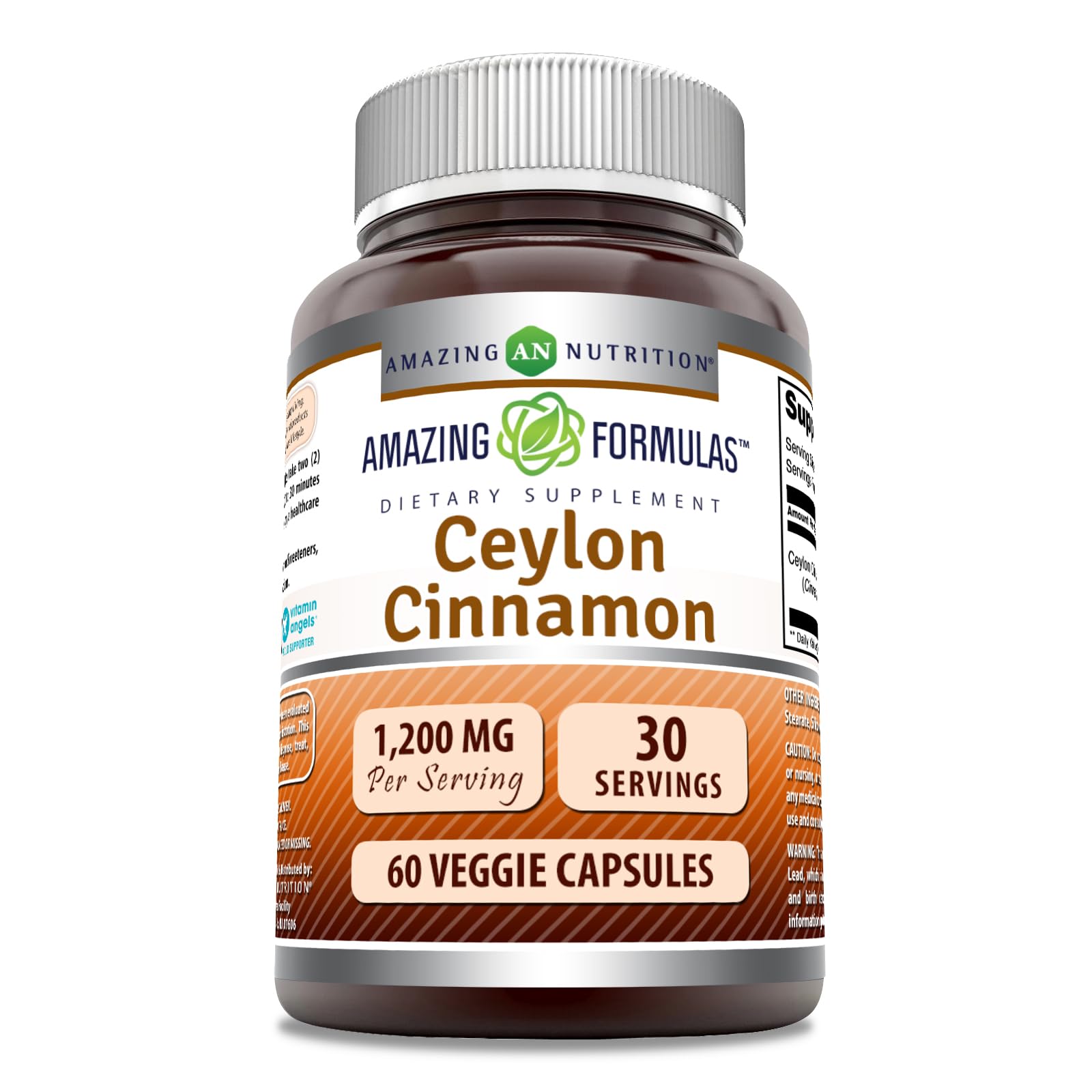 Amazing Nutrition Ceylon Cinnamon 1200 mg bottle showcases potency and convenient daily use.
