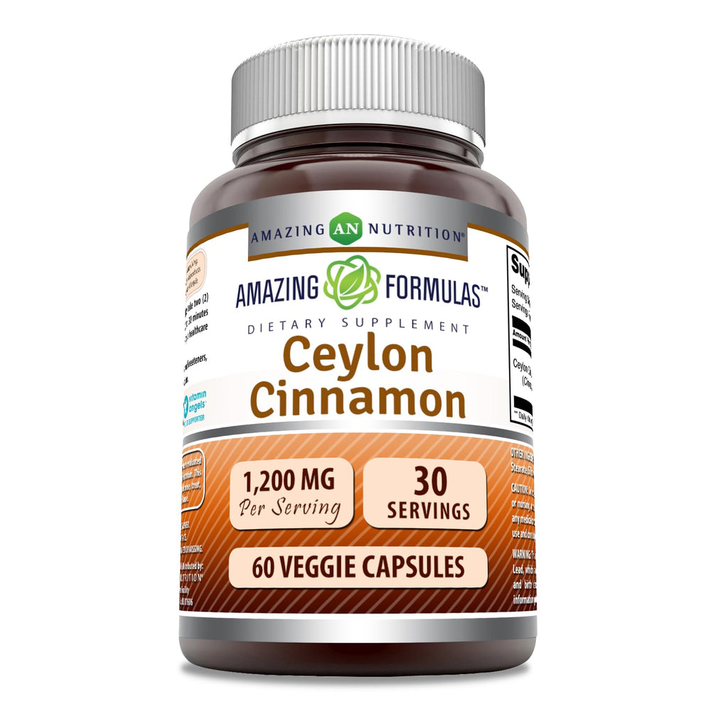 Amazing Nutrition Ceylon Cinnamon 1200 mg bottle showcases potency and convenient daily use.