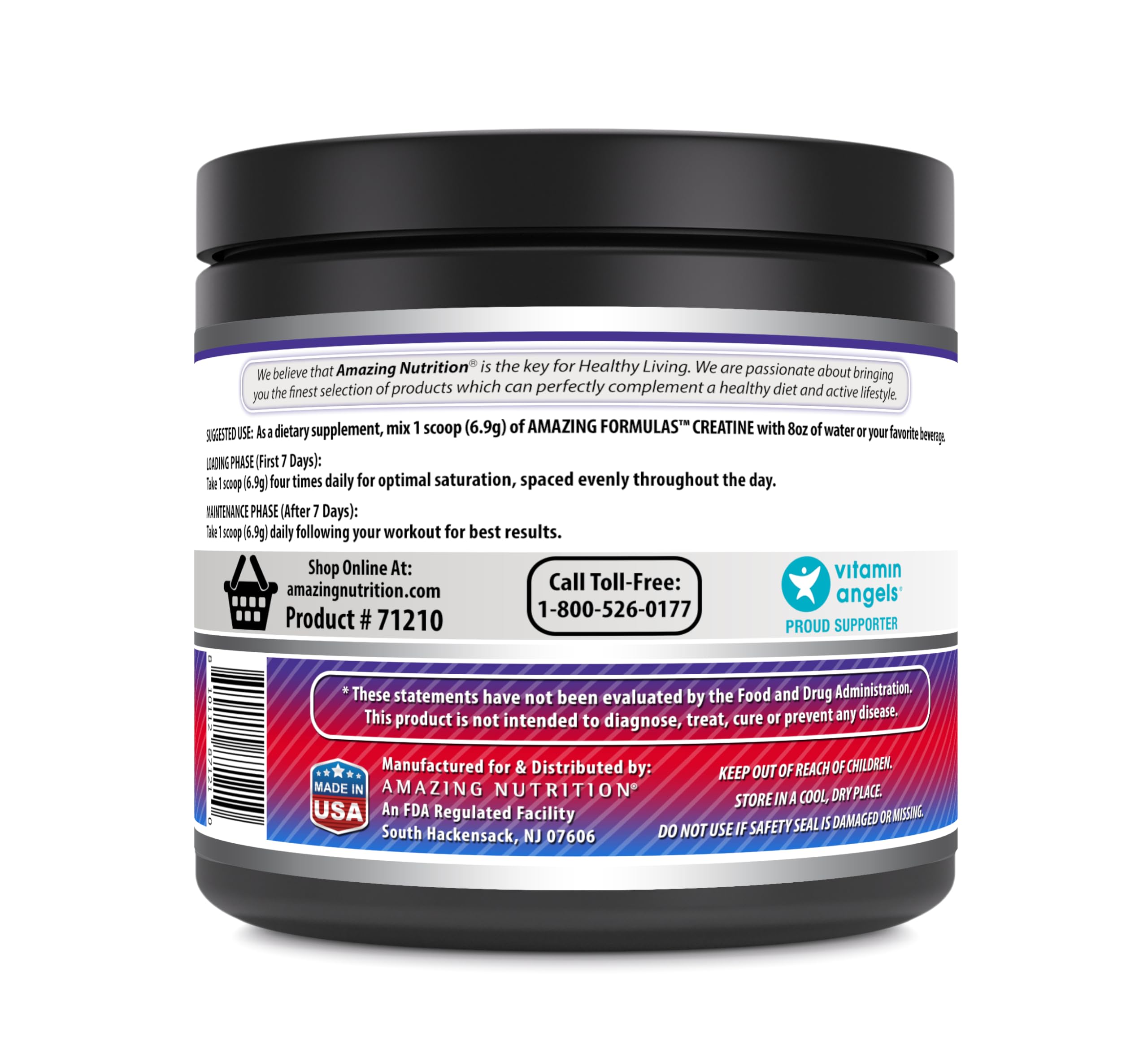 Amazing Nutrition creatine monohydrate powder with gluten-free and non-GMO labeling.