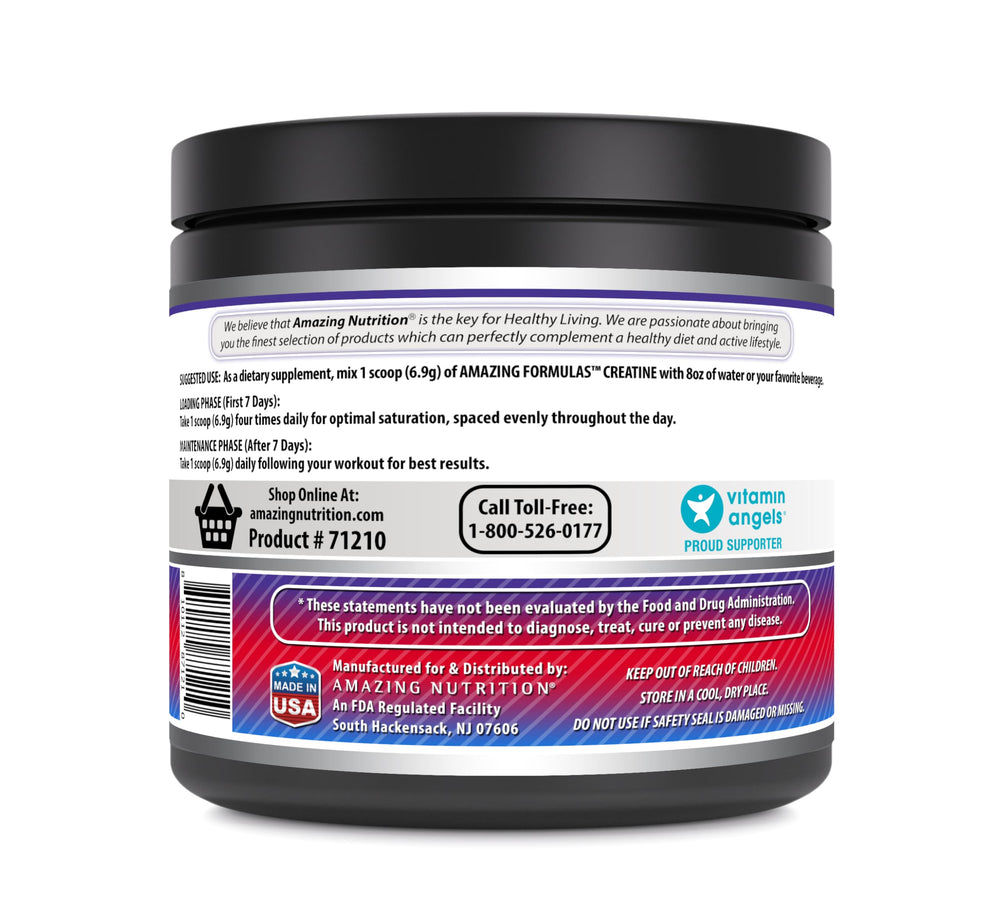 Amazing Nutrition creatine monohydrate powder with gluten-free and non-GMO labeling.