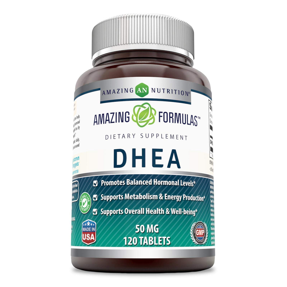 Amazing Nutrition DHEA 100 mg bottle side view for daily balance and reliability