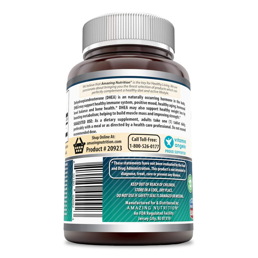 Close-up of Amazing Nutrition DHEA 100 mg tablets, easy-to-take serving