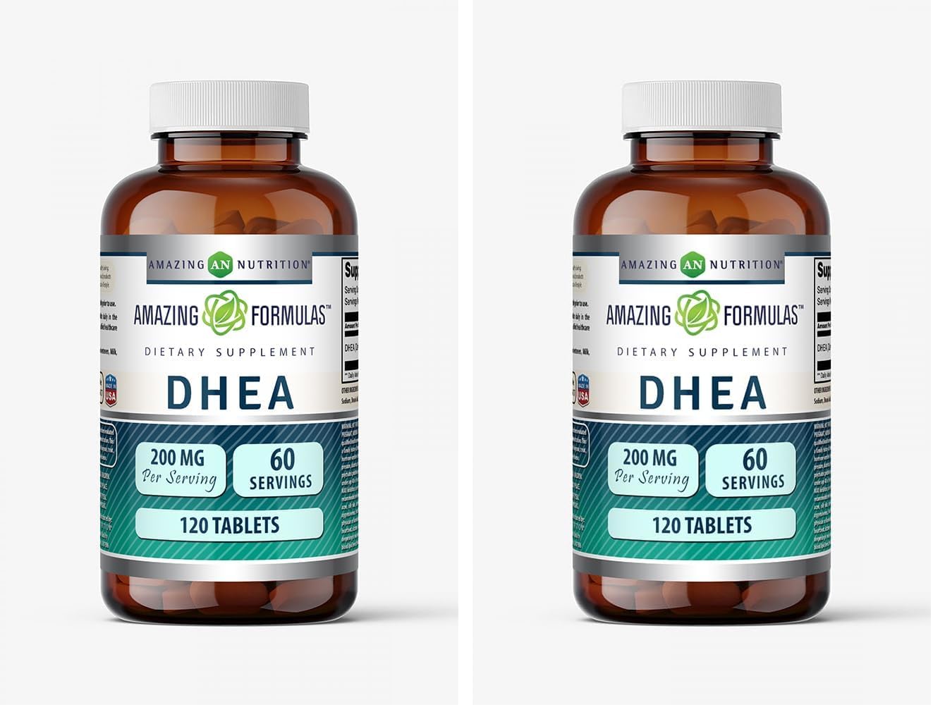 Amazing Nutrition DHEA tablet bottle front view shows a gluten-free, non-GMO formula.