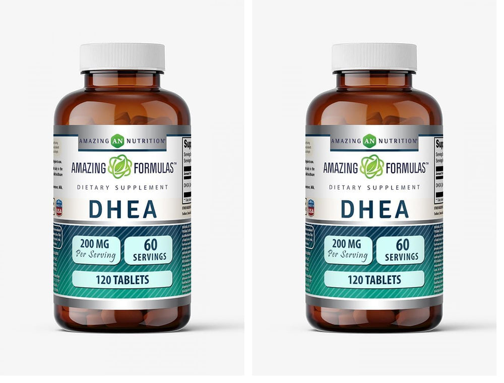 Amazing Nutrition DHEA tablet bottle front view shows a gluten-free, non-GMO formula.