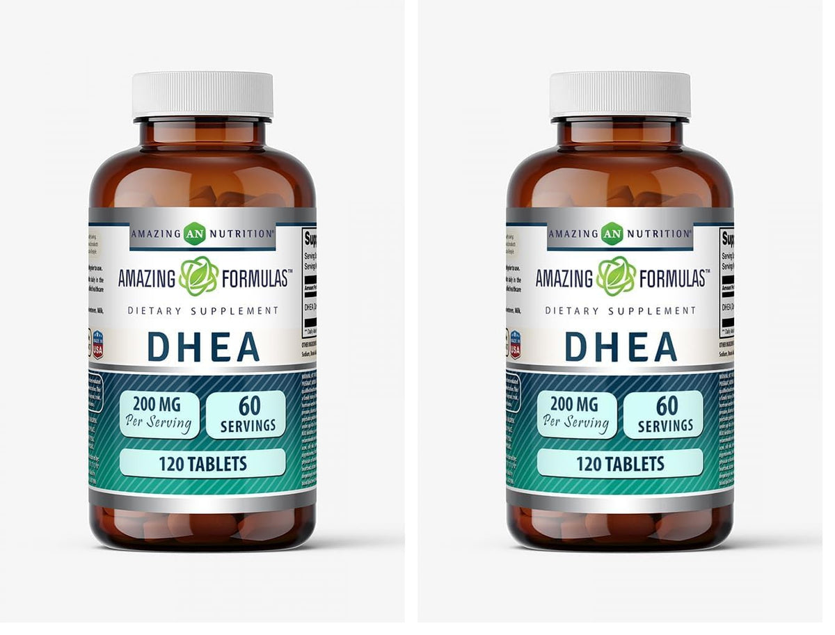 Amazing Nutrition DHEA tablet bottle front view shows a gluten-free, non-GMO formula.