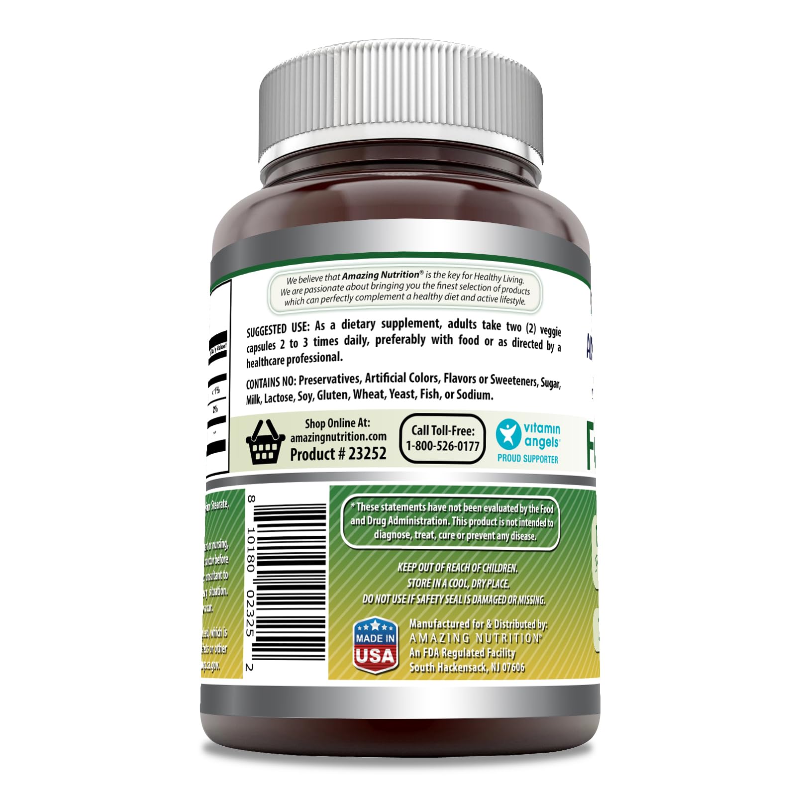 Amazing Nutrition fenugreek seed label highlights non-GMO and gluten-free quality.