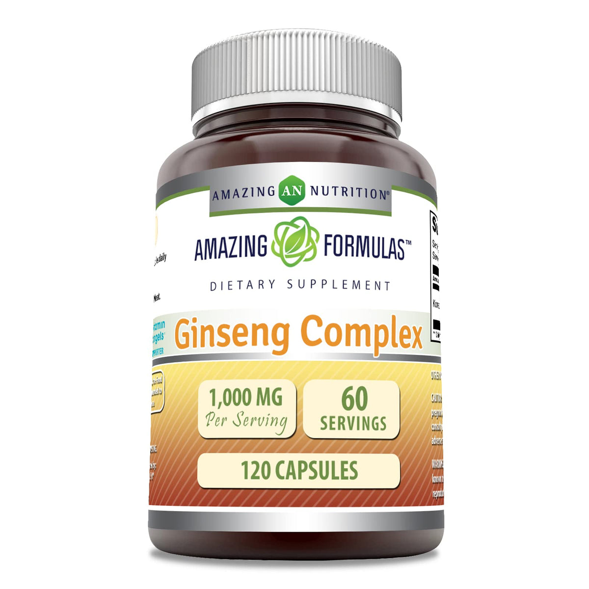 Amazing Nutrition Ginseng Complex bottle with 120 capsules for daily energy support.