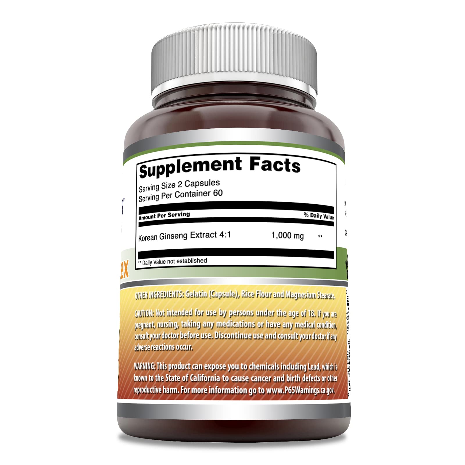 Amazing Nutrition Ginseng Complex label-front highlighting Non-GMO and USA-made quality.