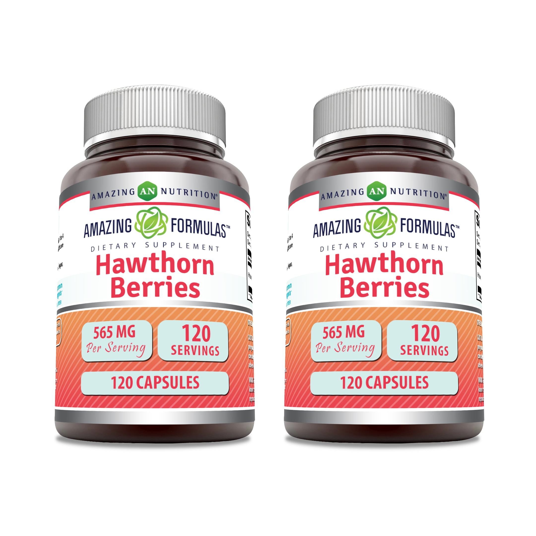 Amazing Nutrition Hawthorn Berries bottle showing 565 mg per serving for daily wellness.