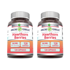 Amazing Nutrition Hawthorn Berries bottle showing 565 mg per serving for daily wellness.