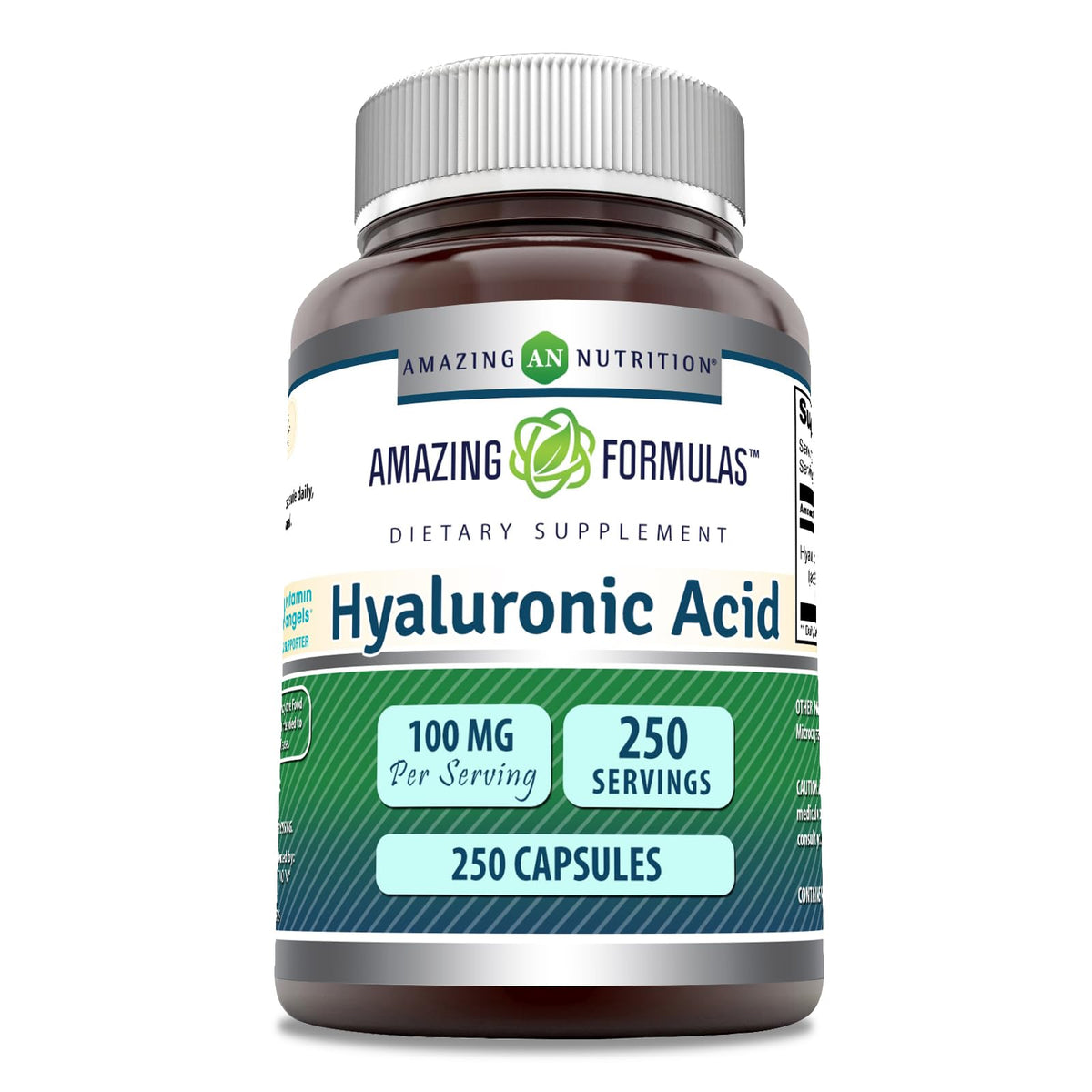 Amazing Nutrition Hyaluronic Acid 100mg bottle front for daily hydration support.