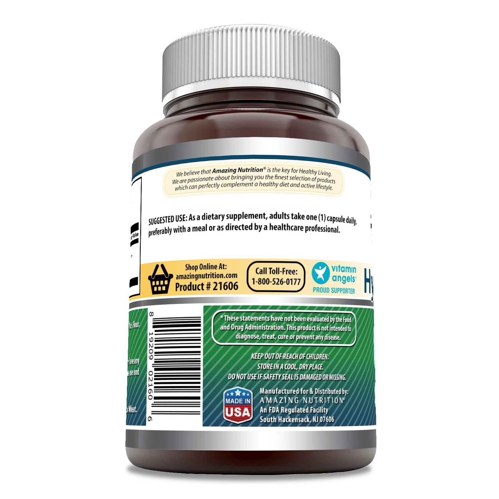 Amazing Nutrition Hyaluronic Acid 100mg label detail noting non-GMO and gluten-free formula.