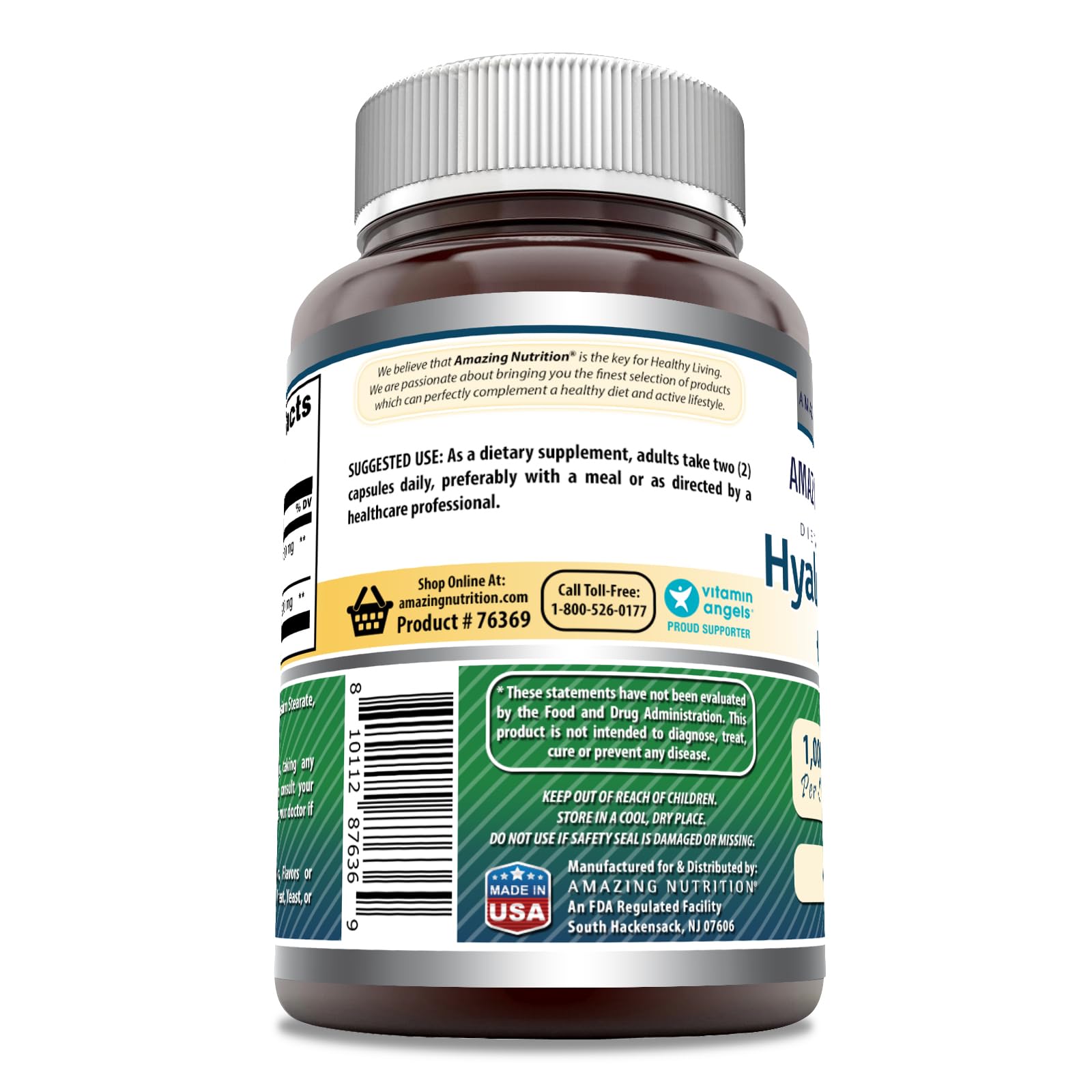 Amazing Nutrition Hyaluronic Acid and MSM capsules pour shot shows convenient two-capsule serving