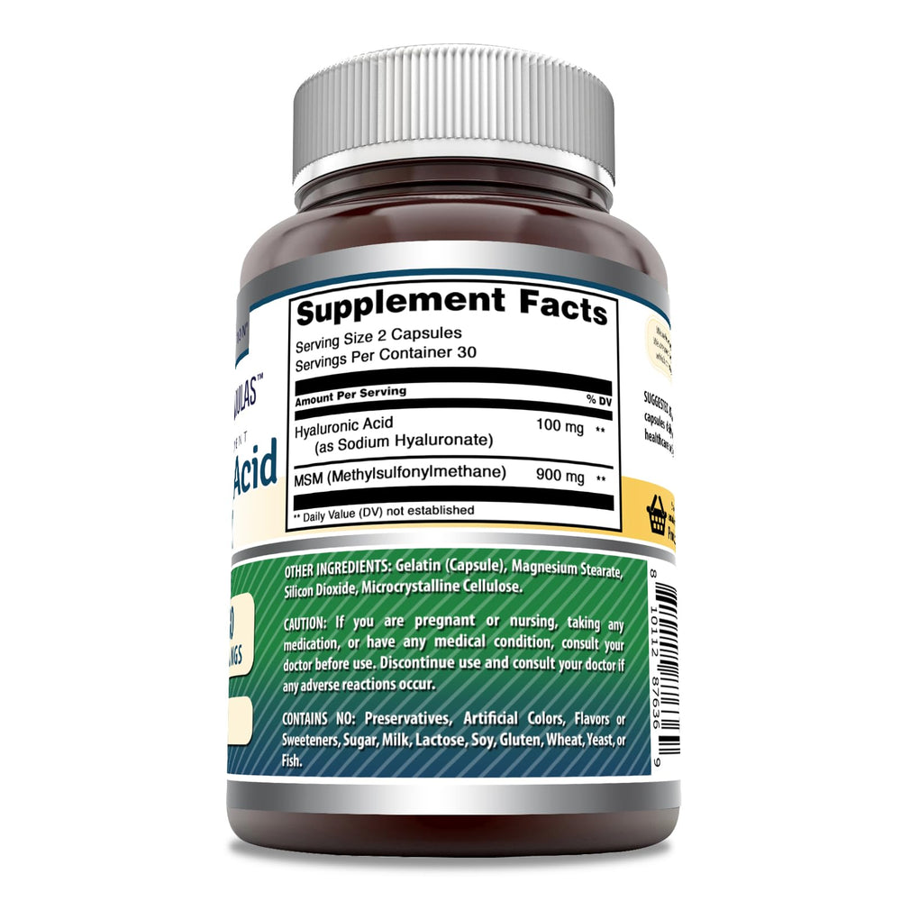 Amazing Nutrition Hyaluronic Acid and MSM label closeup highlights gluten-free, non-GMO ingredients