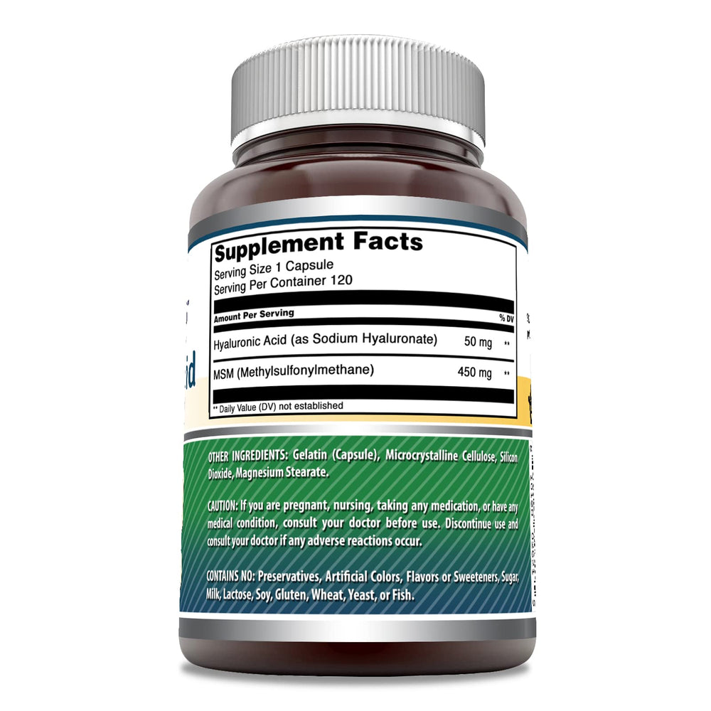 Amazing Nutrition Hyaluronic Acid & MSM label closeup with non-GMO and gluten-free claims