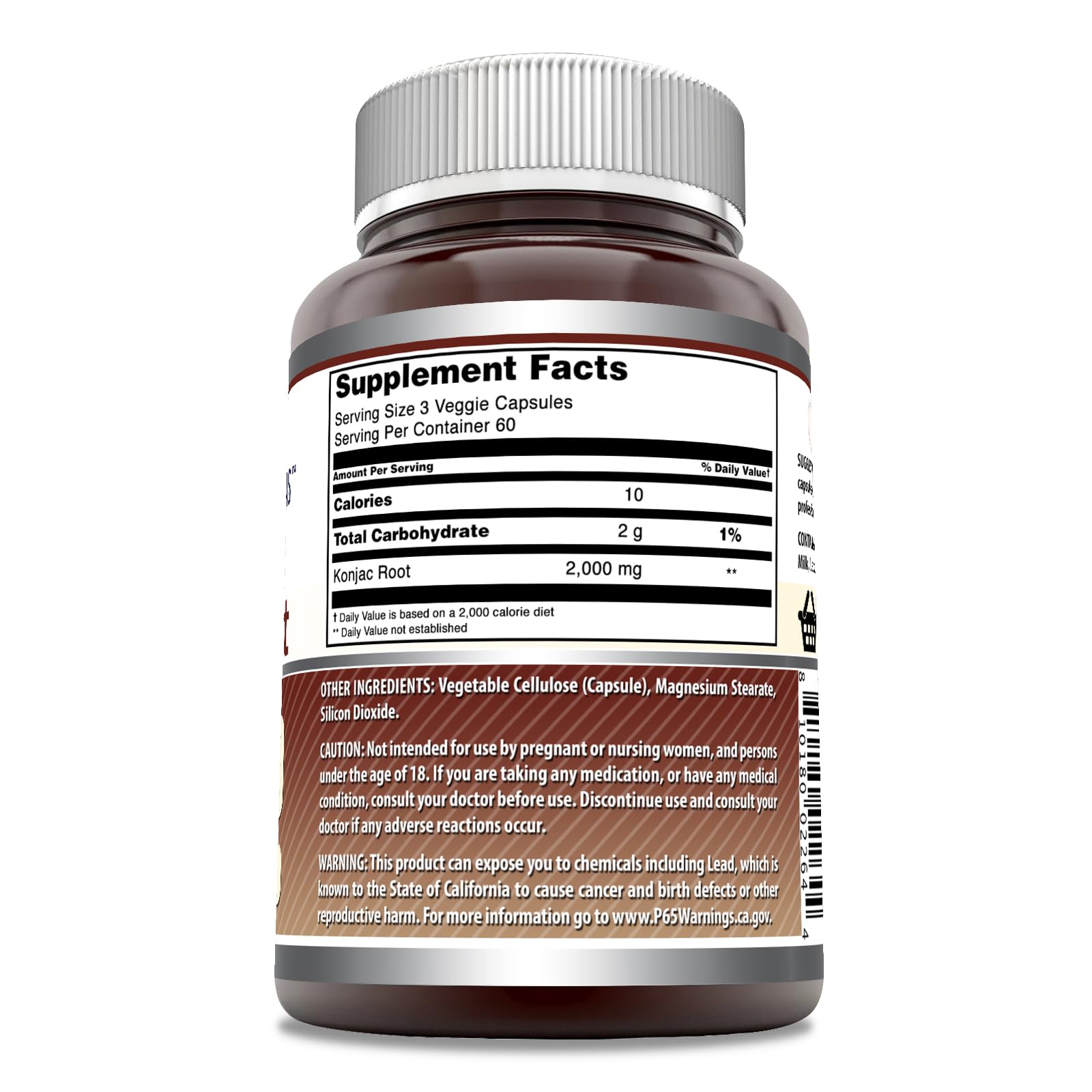 Amazing Nutrition Konjac Root Supplement bottle back emphasizes non GMO gluten free USA manufacture