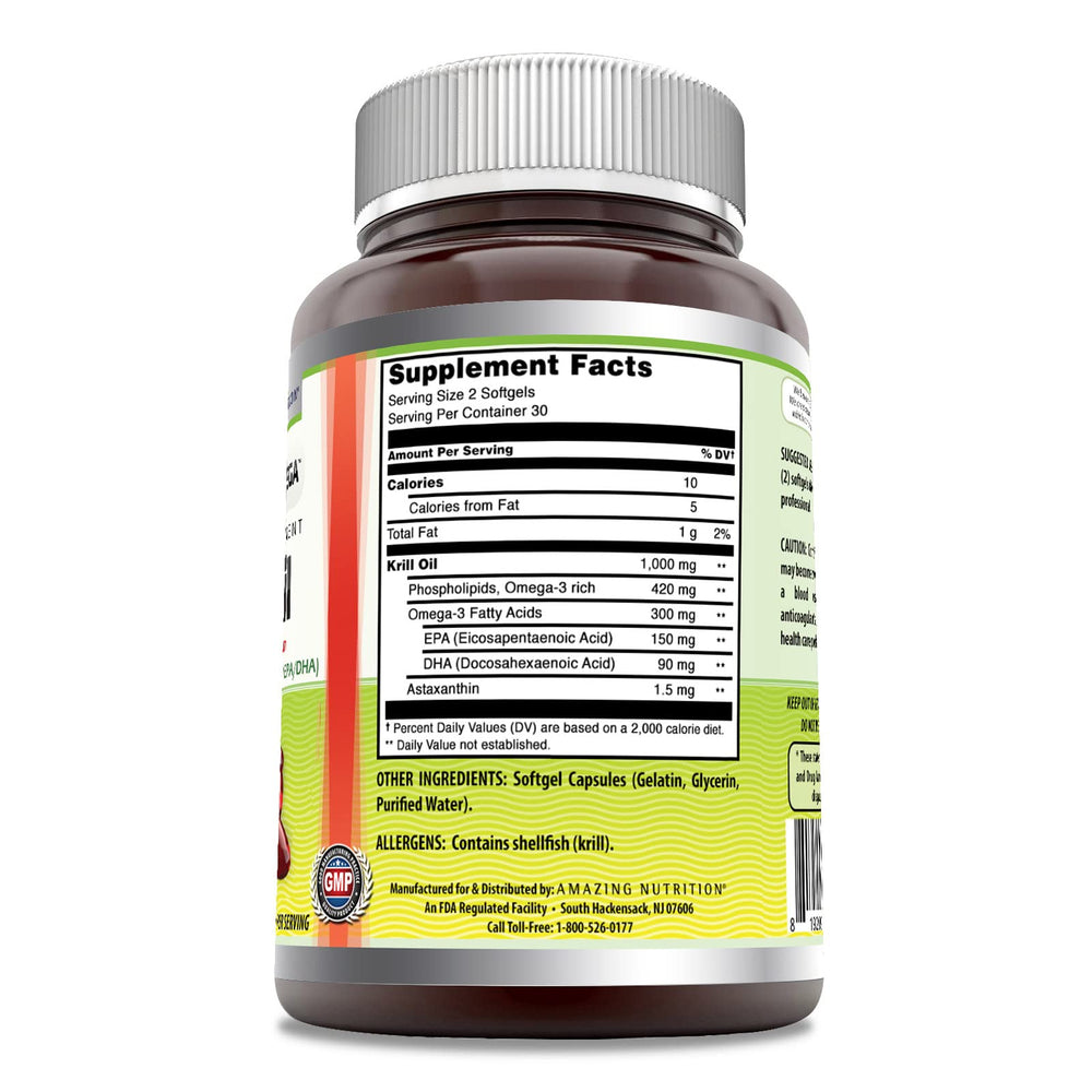 Amazing Nutrition Krill Oil softgels shown for easy two-per-serving dosing