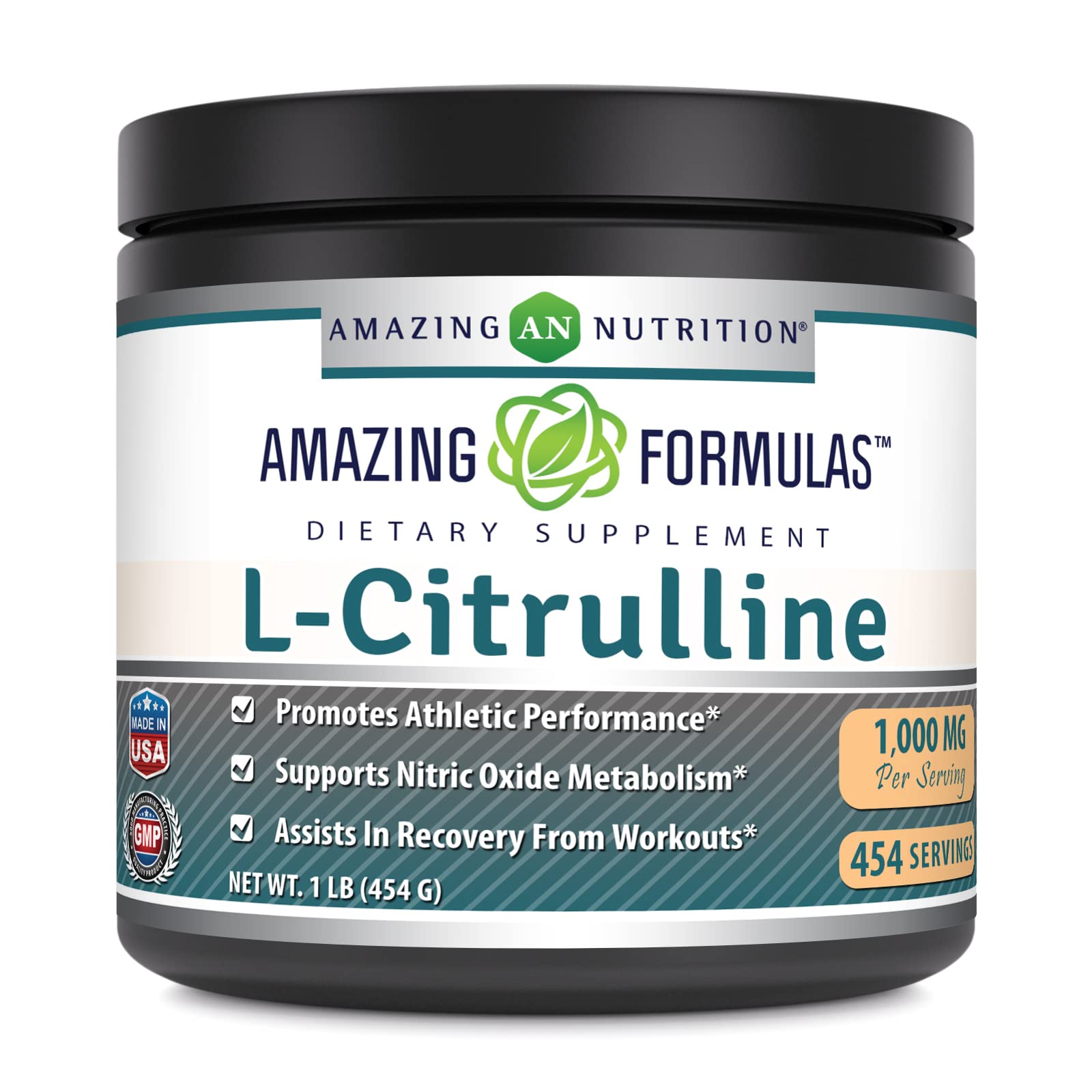 Amazing Nutrition L-Citrulline powder bottle shows 1000 mg per serving for reliable daily support.