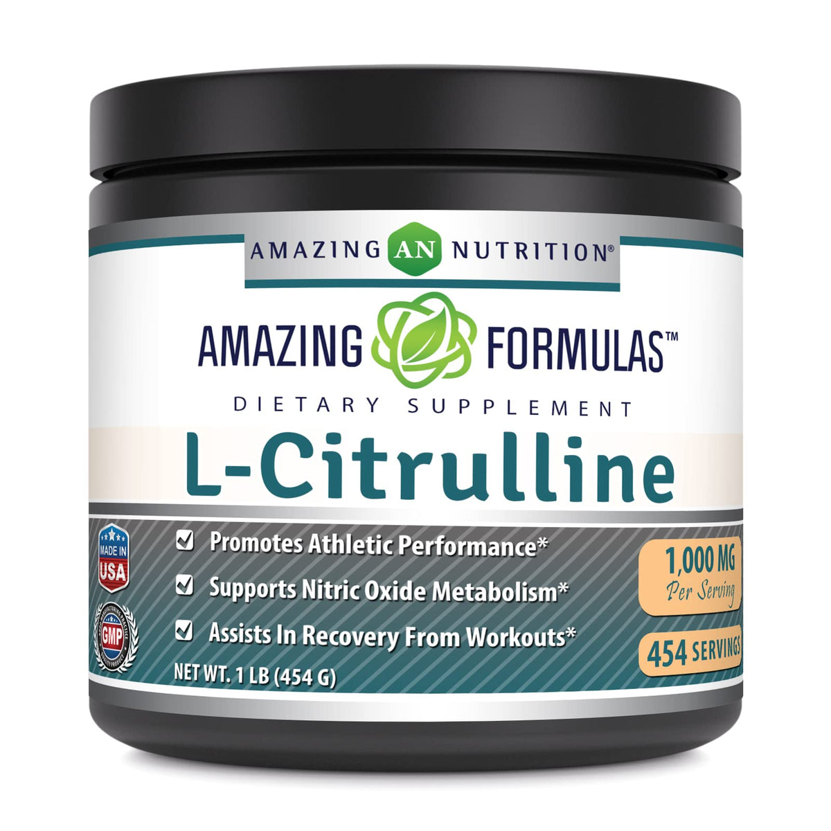 Amazing Nutrition L-Citrulline powder bottle shows 1000 mg per serving for reliable daily support.