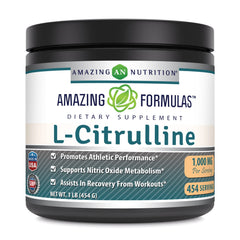 Amazing Nutrition L-Citrulline powder bottle shows 1000 mg per serving for reliable daily support.
