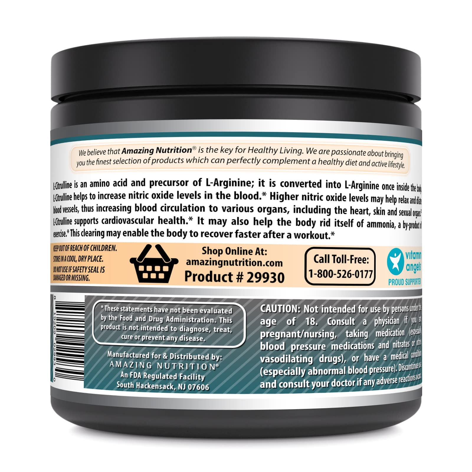 Amazing Nutrition L-Citrulline powder bottle closeup highlighting purity and GMP standards.