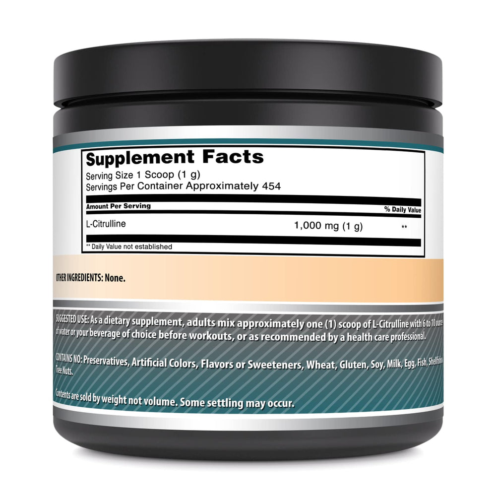 Amazing Nutrition L-Citrulline powder with scoop demonstrates convenient 454 servings per bottle.