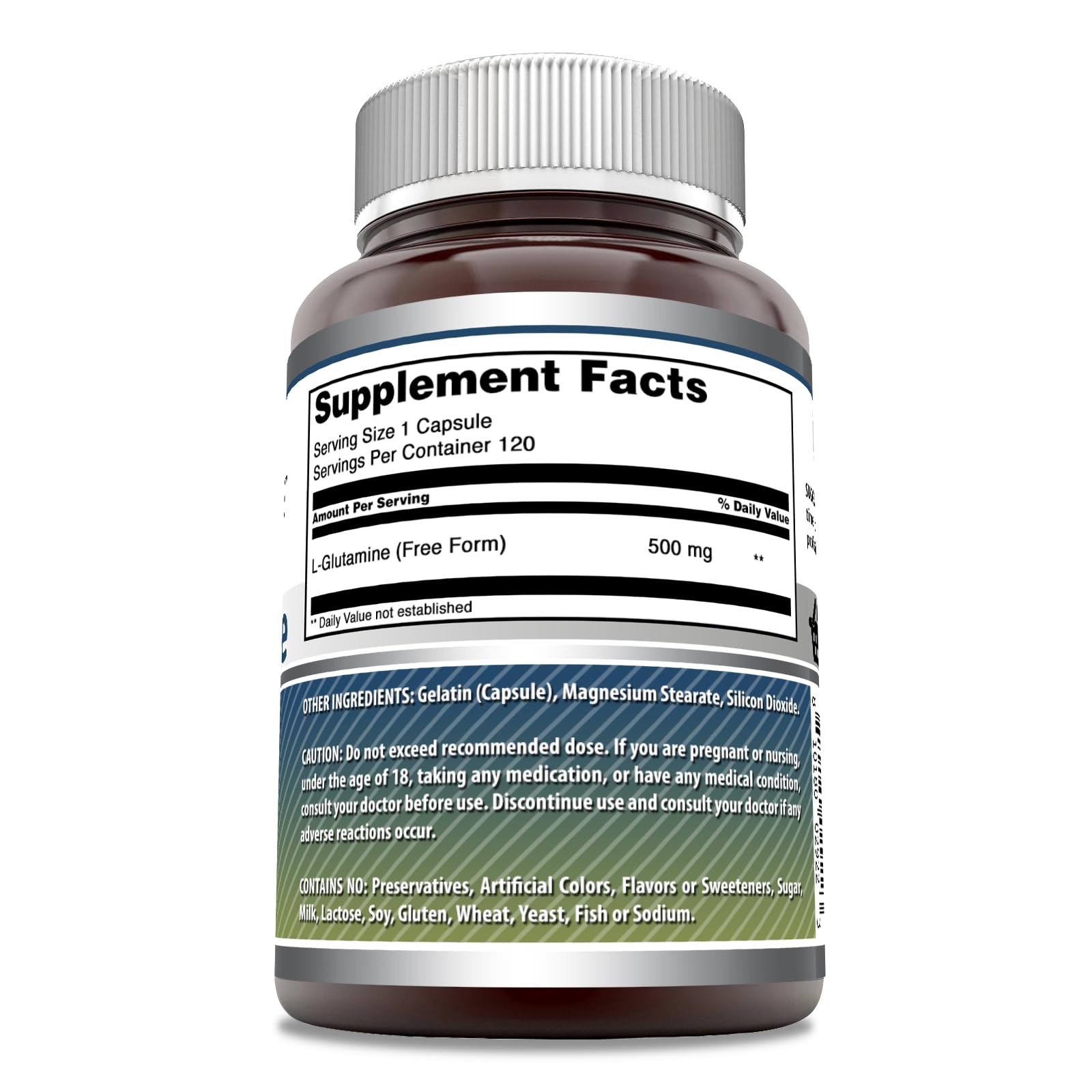 Amazing Nutrition L-Glutamine bottle label shows Non-GMO and Gluten-Free features