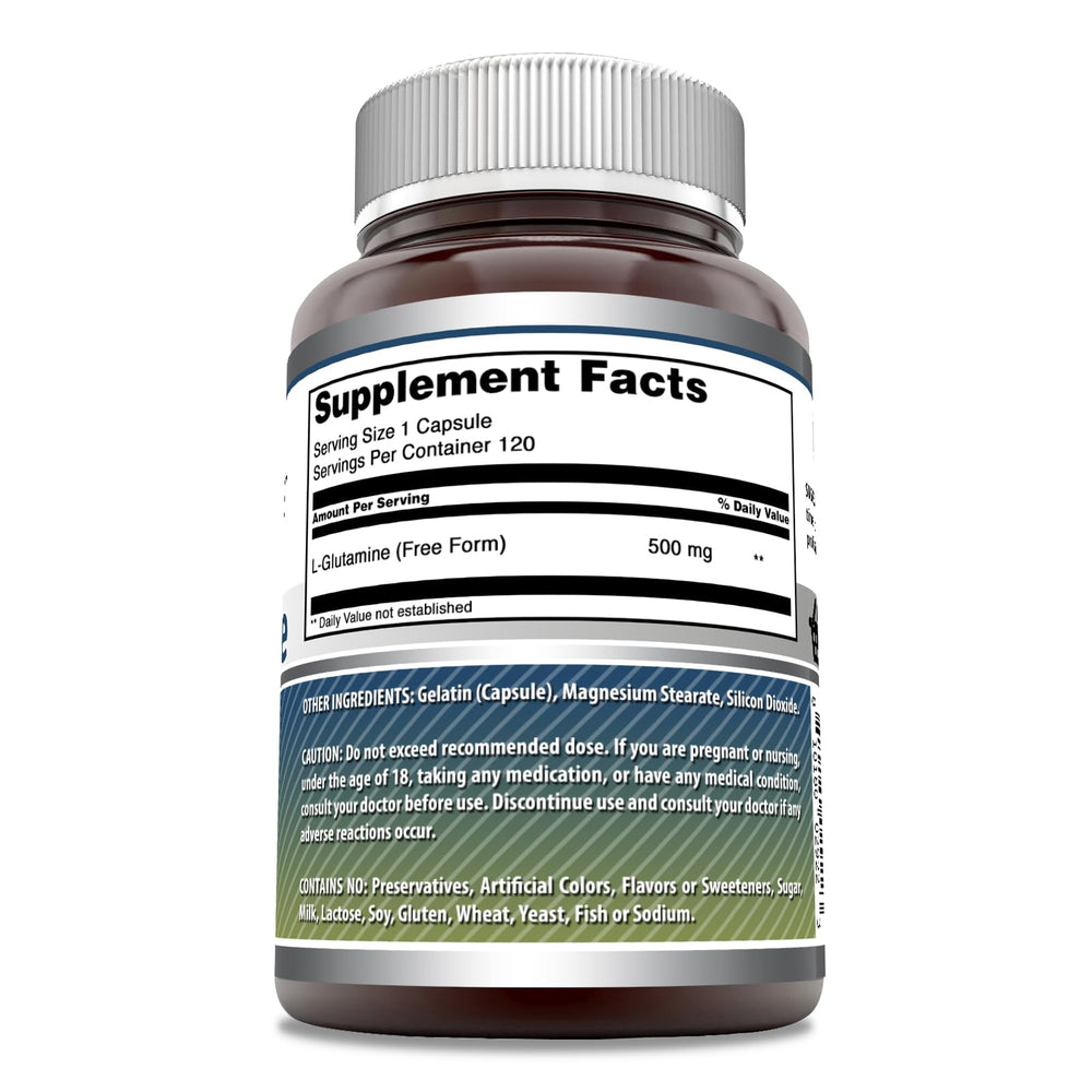 Amazing Nutrition L-Glutamine bottle label shows Non-GMO and Gluten-Free features