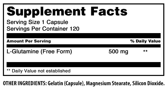 L-Glutamine capsules in bottle opened for easy daily use