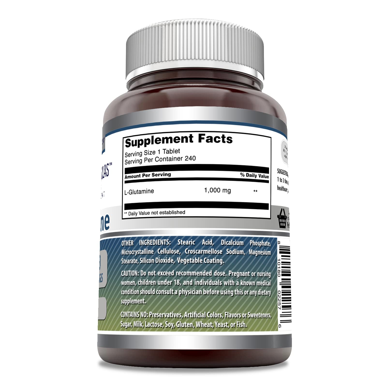 Amazing Nutrition L-Glutamine tablet close-up highlighting 1000 mg per serving