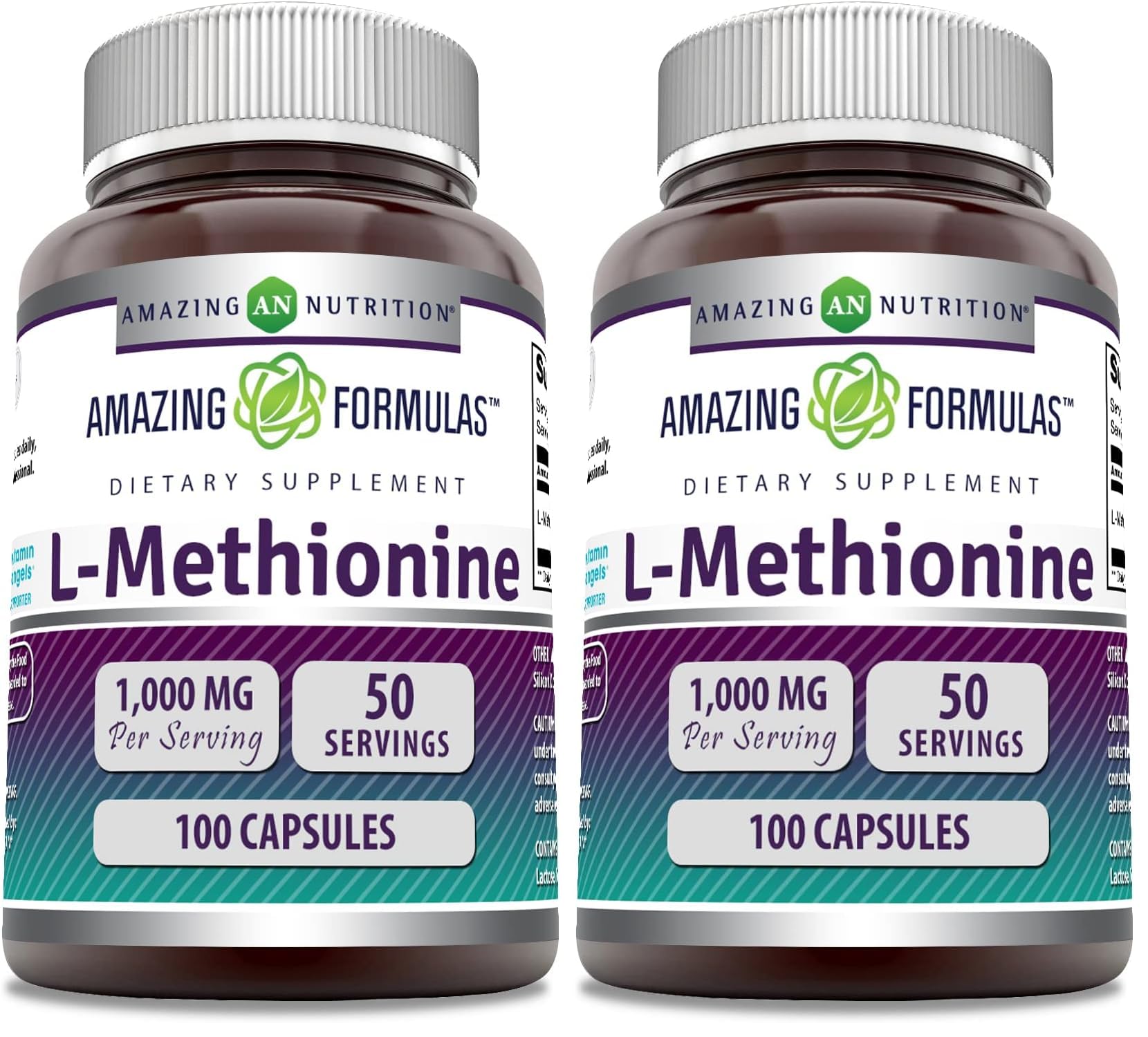 Amazing Nutrition L-Methionine bottle label shows dosage and purity for daily use